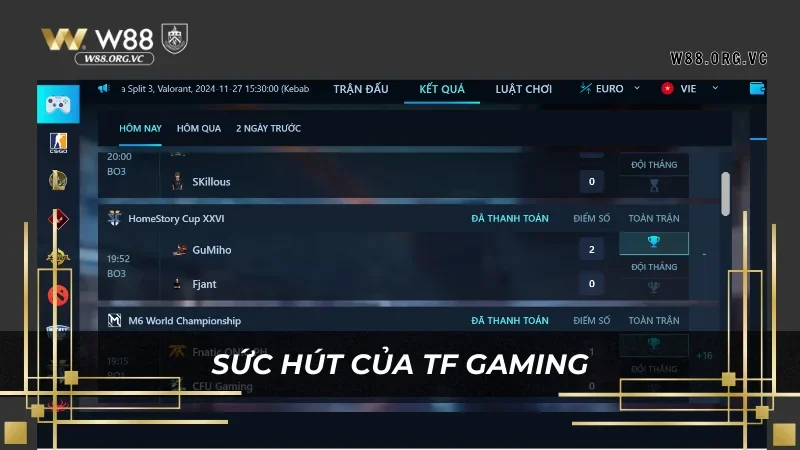 TF GAMING ESPORTS W88 – Cá cược thể thao điện tử 4 Tỷ lệ trả cược cao luôn là điểm thu hút người chơi