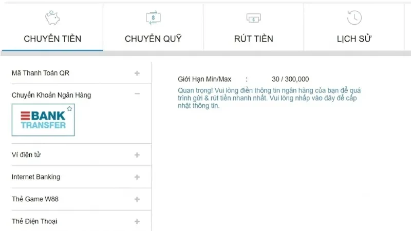 Trang chủ 40 Gửi tiền w88 nhanh chóng với ngân hàng